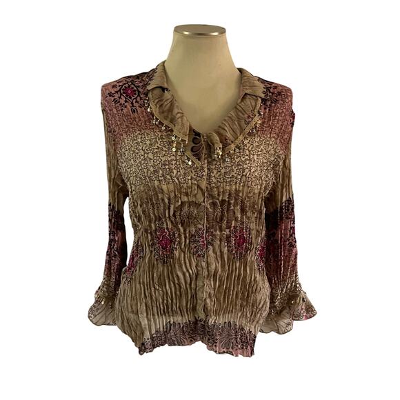 Y2K 2000s Boho Floral Print Beaded Ruffle Collar Blouse Plus Sz 1X Fairy Grunge - Picture 1 of 6